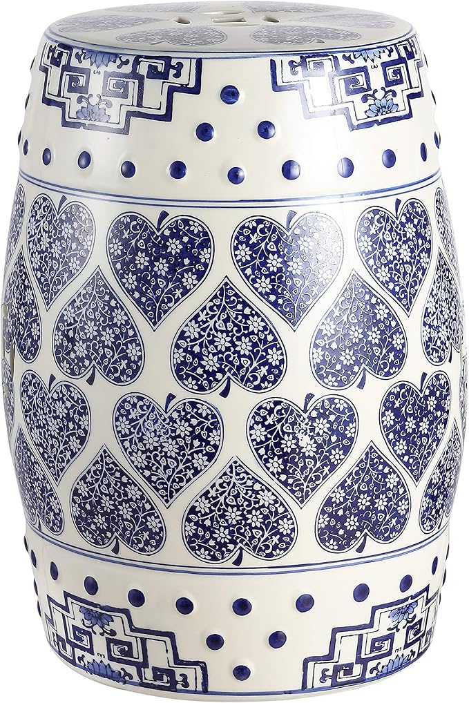 JONATHAN Y TBL1014A Happy Hearts 17.8 Chinoiserie Ceramic Drum Indoor/Outdoor Garden Stool Bohemian Coastal Cottage French Country Traditional Side Table Plant Stand Spill-Proof Blue/White