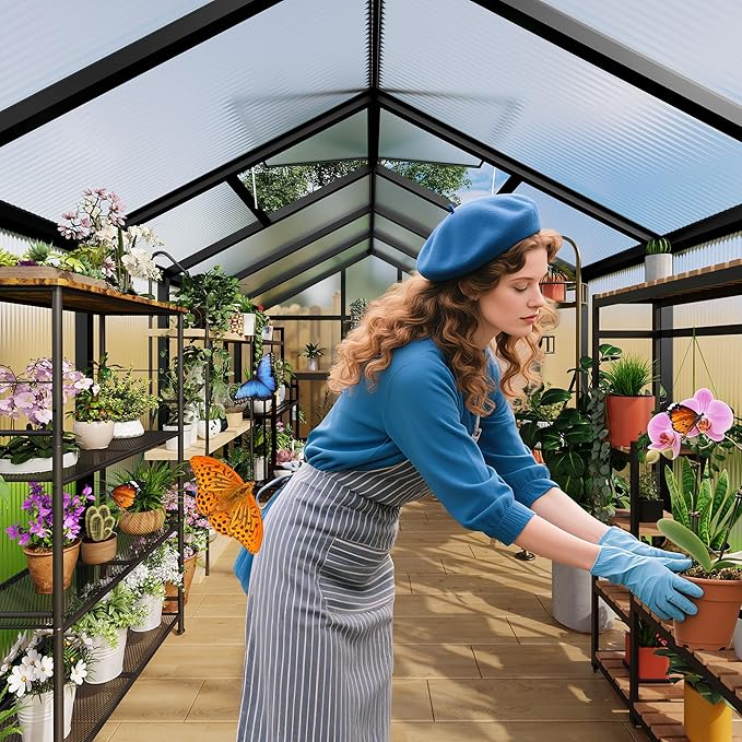 6x10 FT Greenhouse for Outdoors Polycarbonate Greenhouse with Roof Vent Ground Nails Lockable Hinged Door Aluminum Large Walk-in Green House for Outside Garden Backyard Patio Lawn Black