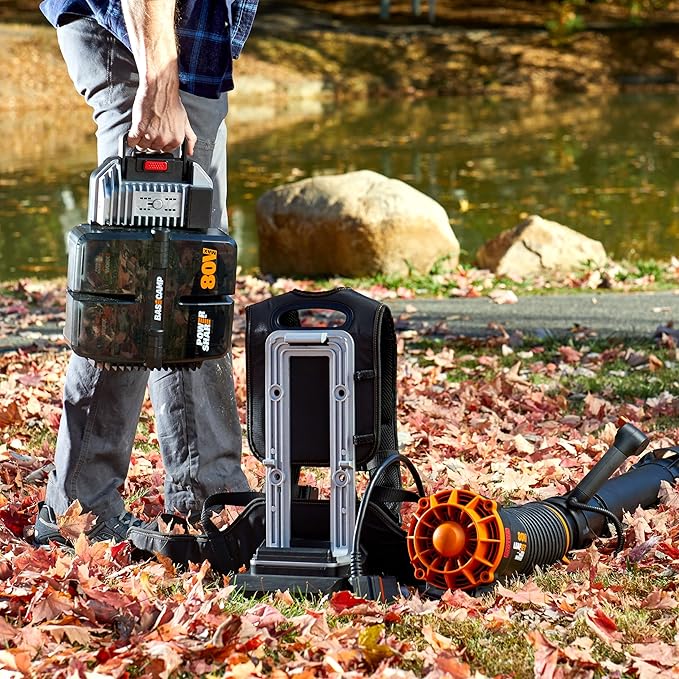 WORX Nitro WG572 80V Cordless Leaf Blower Backpack Blower with 800CFM &amp 150MPH Electric Blower for Lawn Care with Brushless Motor &amp Variable Air Control 4 Batteries &amp Basecamp Charger I