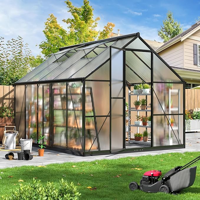 WKM 8x10 FT Greenhouse for Outdoors Quick-fit Structure Green House with Window for Ventilation Aluminum Greenhouses for Garden Backyard Black