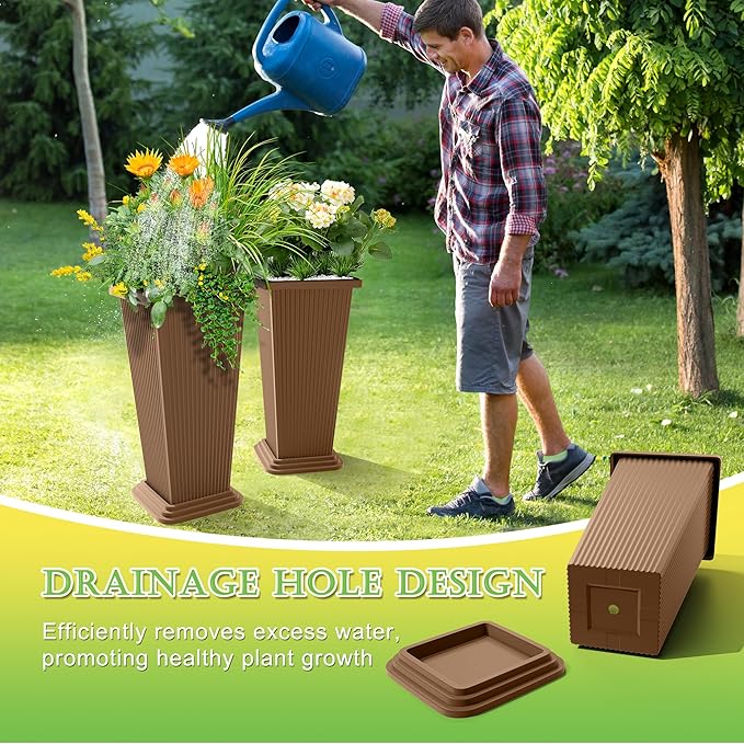 Set of 2 Tall Planters 24 Large Indoor Outdoor Flower Pots with Tray Modern Tapered Planters for Porch Patio Garden Backyard