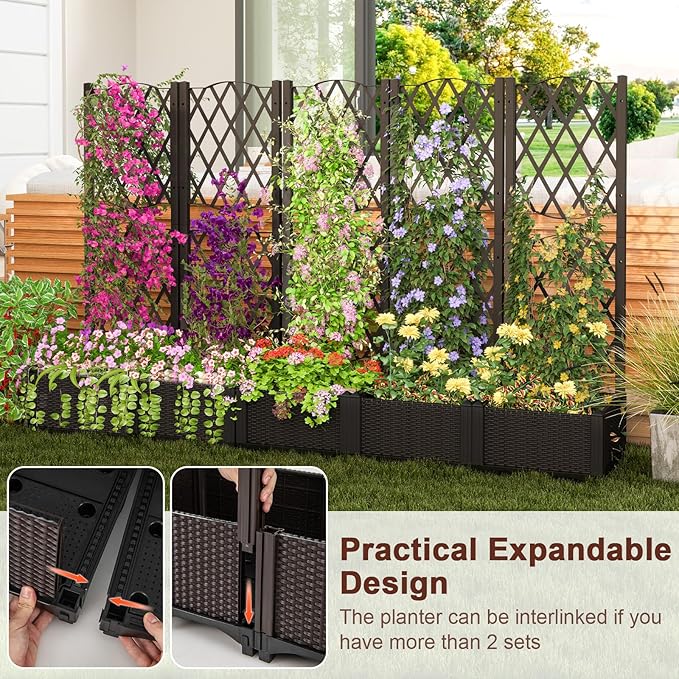 Giantex Raised Garden Bed with Trellis Garden Planter for Vine Climbing Plant Vegetable Herb Flower Outdoor Standing Garden Bed with Drainage Hole for Yard Balcony Entryway 16x16x 48