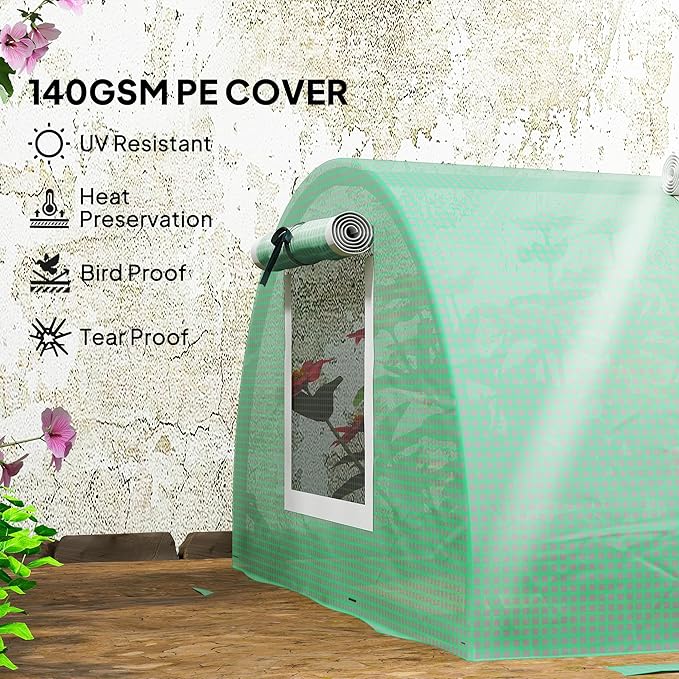 Outsunny 10' x 3' x 2' Mini Greenhouse with 5 Mesh Windows Portable Plant Hot House with PE Cover Steel Frame for Garden Backyard Green