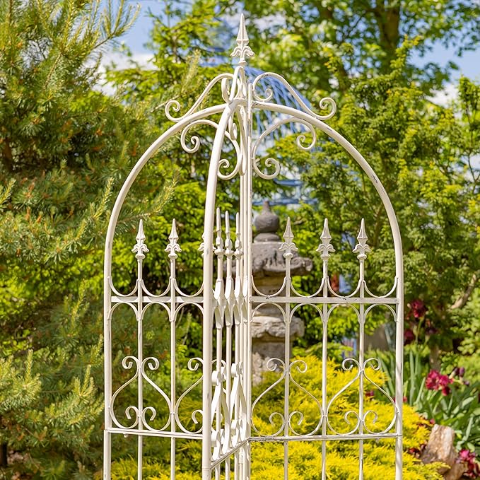 Zaer Ltd. Metal Garden Arch Trellis 7.7ft Tall Three-Panel Design with Fleur-de-lis 25 x 25 x 92.5 inches (Antique White)