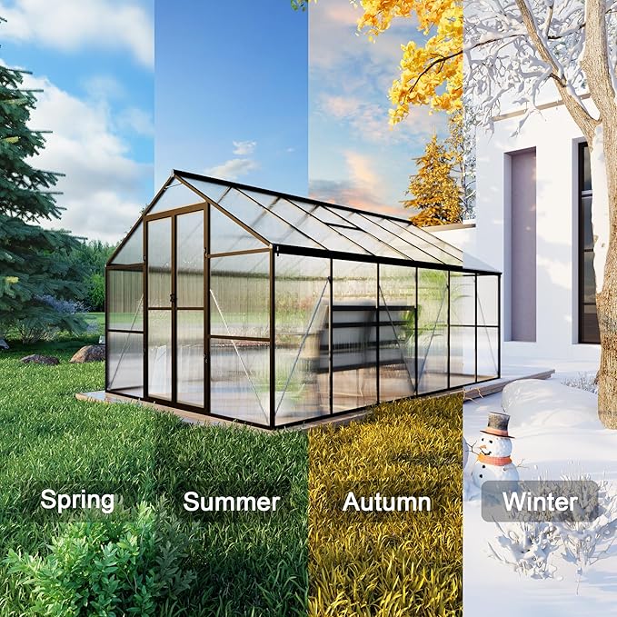 8X12 FT Polycarbonate Greenhouse 6 FT Height Aluminum Large Green Houses for Outside Heavy Duty Quick Setup Walk in Greenhouses with 2 Roof Vent and Rain Gutter for Outdoor Black (143Wx96Dx77H)
