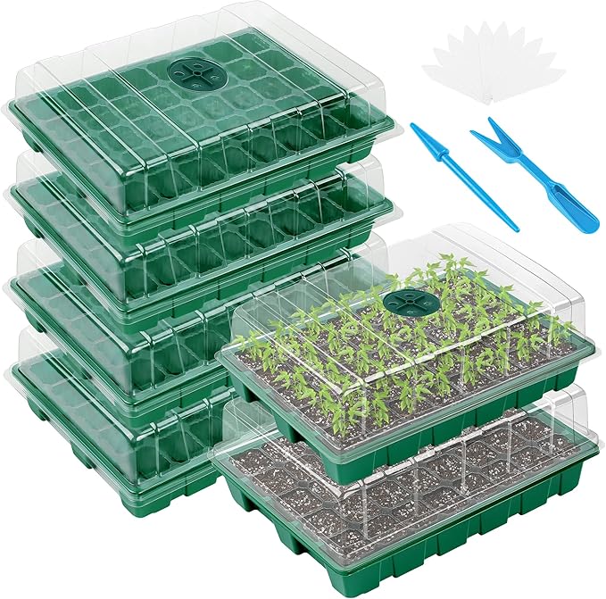 Elcoho 6 Pack Seed Starter Tray Kit 40 Cells Seedling Trays with Humidity Dome and Base Mini Propagator Plant Nursery Pots Total 240 Cells for Greenhouse Plants Growing Green
