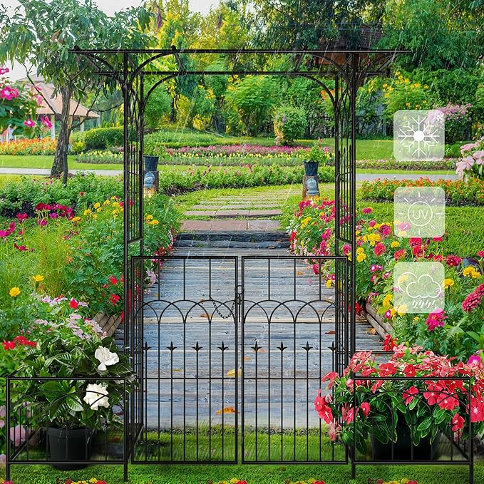 Garden Arbor with Gate and Planter Boxes 79 W x 81 H Metal Garden Arch for Climbing Plants Outdoor Wedding Arches for Ceremony Garden Arbors and Arches for Lawn Patio Backyard