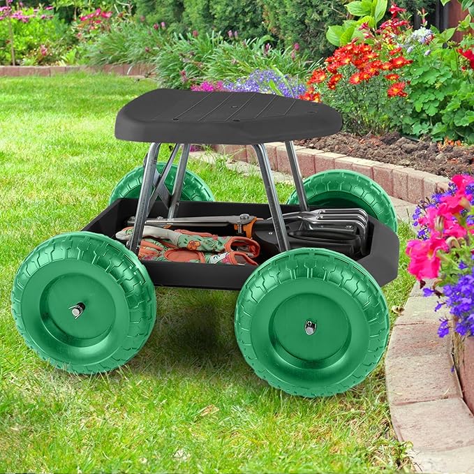 Pure Garden Rolling Garden Seat with Storage 200 lb Capacity Smooth Wheels Black and Green