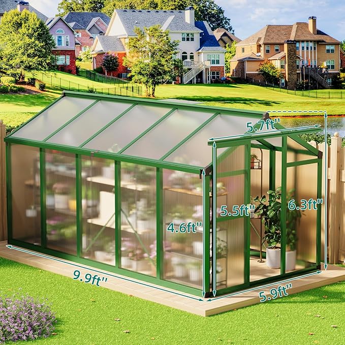 GAOMON 6 x 10 ft Greenhouse for Outdoor with Sliding Door Green House with Polycarbonate Panel &amp Ajustable Roof Vent &amp Ground Nails Walk-in Aluminum Greenhouses for Garden Patio