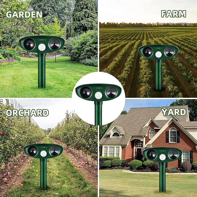4 Pack 2026 Solar Ultrasonic Animal Repellent Outdoor Cat Squirrel Deer Repellent Devices Rabbit Deterrent for GardenAnimal Repeller with Motion Sensor for Dog Skunk Raccoon Rabbit Rodent