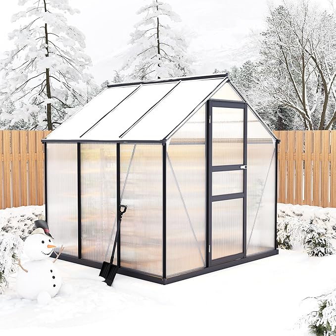 6×6FT Polycarbonate Greenhouse for Outdoors Large Walk in Green House Kit and Winter Garden Planting Enhanced Aluminum Green Houses for Outside to Protect Vegetables or Plants