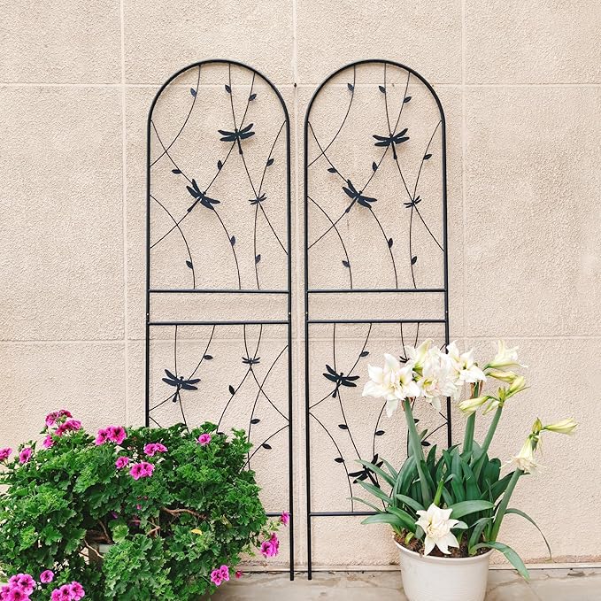2/4 Pack Metal Garden Trellis for Climbing Plants Outdoor Flower Support Black with Dragonfly Deco Plant Support for Garden Patio Practical(2 Pack-H71'')
