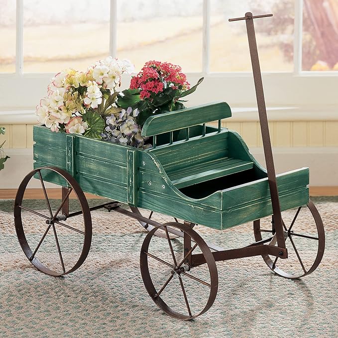 Collections Etc Amish Wagon Decorative Indoor/Outdoor Garden Backyard Planter Green