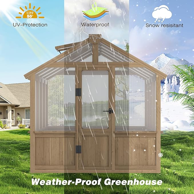 Mupater 6 x 8 FT Wooden Polycarbonate Greenhouse with Ventilated Window and Lockable Door Walk-in Greenhouse for Backyard Patio Lawn Brown