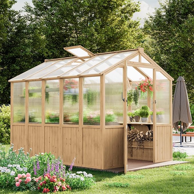 Restland 6x8 FT Wood Greenhouse for Outdoors Reinforced Frame Walk-in Greenhouses with Adjustable Roof Vents &amp Lockable Door Polycarbonate Green House for Outside