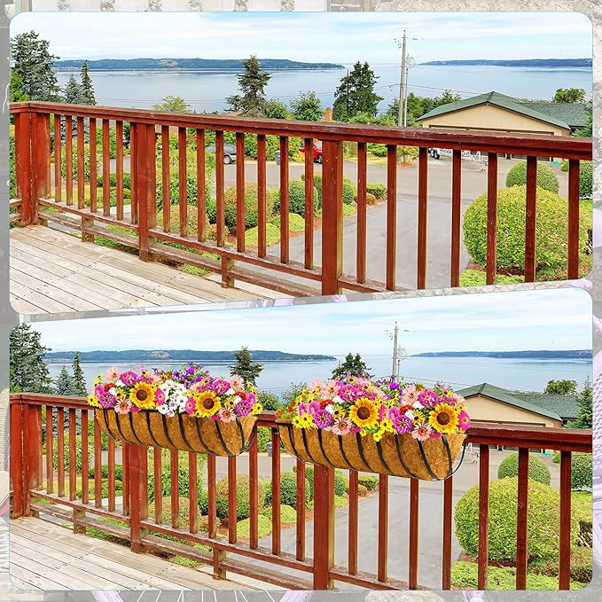 Tessco for you 2 Pieces Railing Planter Boxes 36 Inches Window Box Planters with Coco Liner and Adjustable Brackets for Deck Porch Fence Patio Balcony Gardening Outdoor Plants
