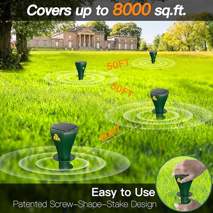 4 Pack Mole Repellent Solar Powered Vibrating Solar Mole Repellent Stakes for Voles Groundhogs Snakes &amp Gophers IP65 Waterproof Mole Deterrent for Yard Farm Lawn &amp Garden