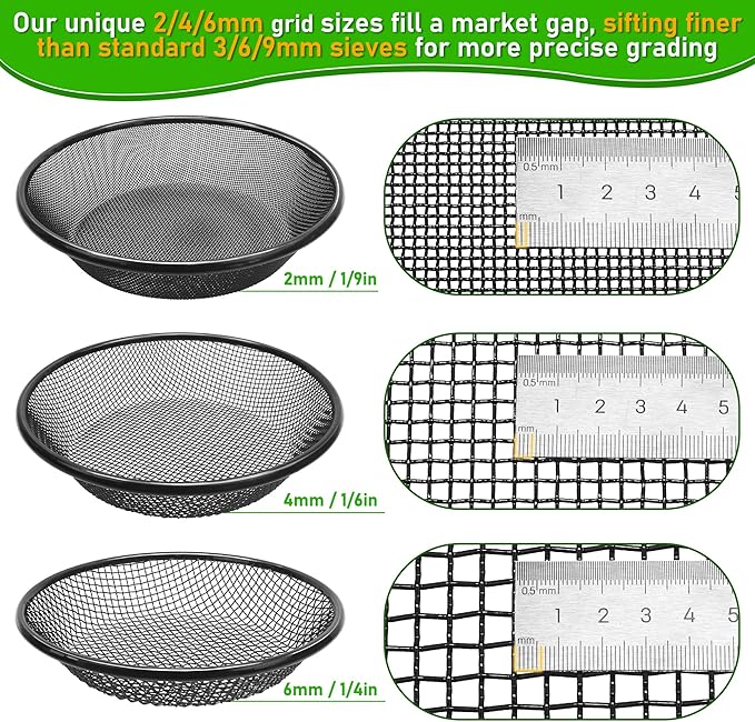 3Pcs 11.8 W Soil Sifter for Gardening 246mm Grid Rock Sifter for 5 Gallon Bucket Stainless Steel Fine Dirt Sifter Compost Sifter for Capturing Dirt Sand Rocks and Filtering Compost (Black)