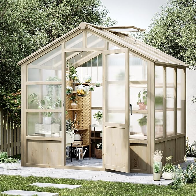 Wooden Greenhouse for Outdoors 8x6FT Greenhouse with Lockable Door Wood Frame &amp Adjustable Vent for Outside Garden Yard Light Brown