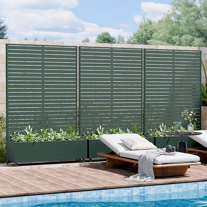 Casaphoria Metal Raised Garden Bed with Trellis and Wheels 72x47x16 Planter Box for Climbing Plants Vegetables &amp Vines Features Drainage Holes and Privacy Screen Drak Green-Louvered