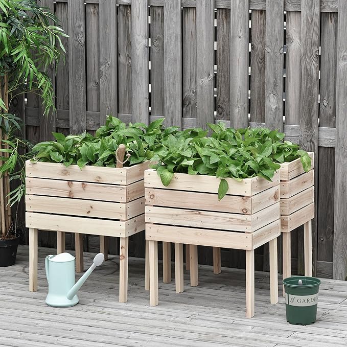 4PCS Raised Garden Bed Wooden Elevated Planter Box Kit with Bed Liner DIY Shape for Flowers Vegetables