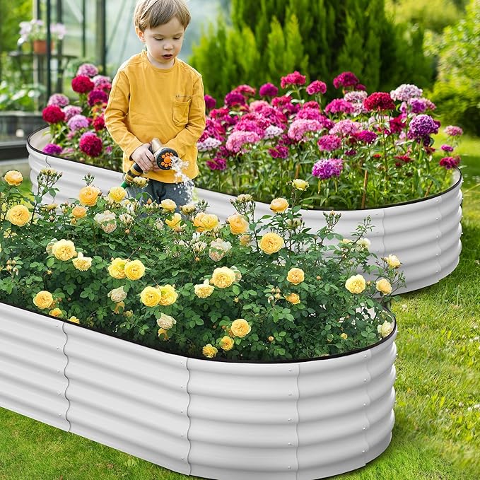 Raised Garden Bed8x2x1ft Large Outdoor Planter Boxes Kit with Galvanized Steel Open-Ended Base Design Elevated Planter for Outdoor Plants Durable Raised Bed for GardeningWhite