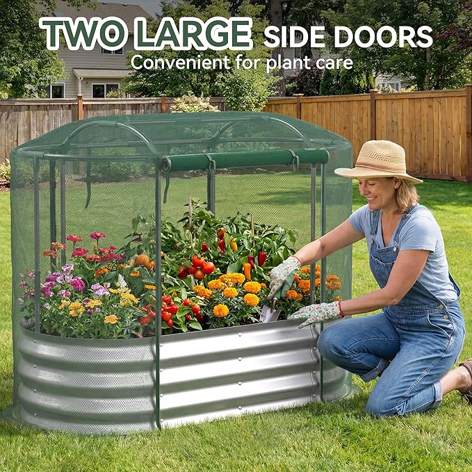 Raised Garden Bed with Self-Watering System 4x2x1 ft Elevated Planter Boxes Outdoor with Mesh Cover Oval Galvanized Raised Beds for GardeningVegetablesFlowers Backyard Patio