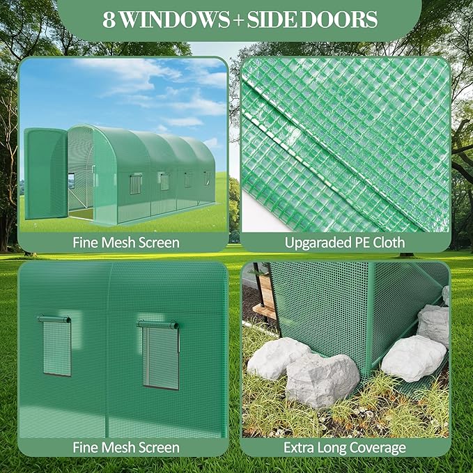 6.5 ft x 15 ft Heavy Duty Walk-in Greenhouse for Outdoor Gardening Plant Growth with Galvanized Steel Frame Green PE Cover A Swing Door &amp 8 Vent Windows for Year-Round Gardening