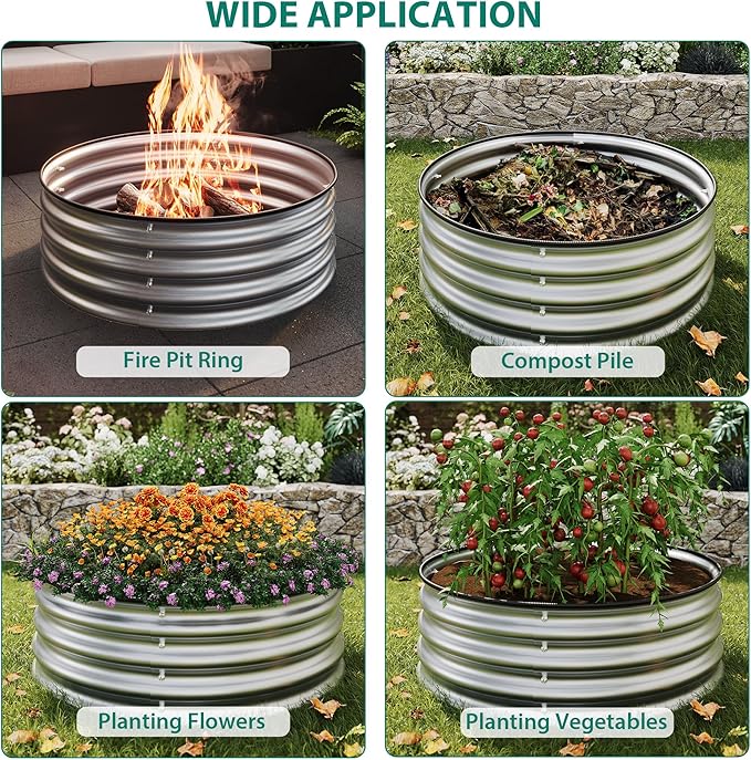 2 x 1FT Round Galvanized Raised Garden Bed – Metal Planter Box Kit with Rust &amp Corrosion Protection Safe Rubber Edge Open Bottom Design – Easy Assembly for Vegetables Flowers Fruits
