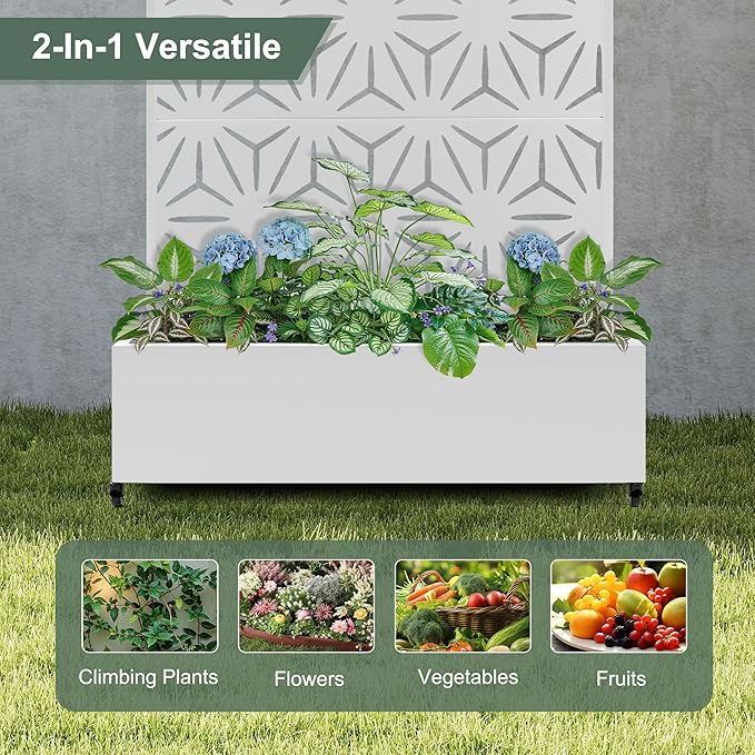 Metal Planters Box with Trellis &amp Privacy Screen for Patio Large Raised Garden Beds with Drainage Holes &amp Wheels 47 L×16 W×71 H Standing Flower Beds with Trellis (White Star)