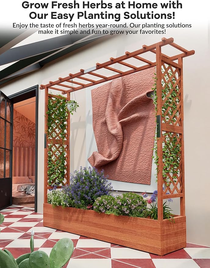 Large Raised Wooden Planter with Arch &amp Side Trellis – Freestanding Garden Bed for Climbing Plants Vines &amp Flowers – Hanging Roof 4 Drainage Holes – Outdoor Patio Planter – Size: