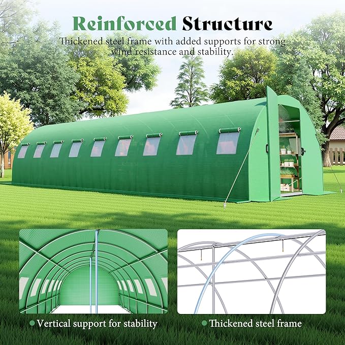 AMERLIFE 30×10 FT Tunnel Greenhouse with Built-in Sprinkler System Walk-in Greenhouse for Backyard Gardening Heavy Duty Galvanized Steel Frame &amp Waterproof PE Cover Green