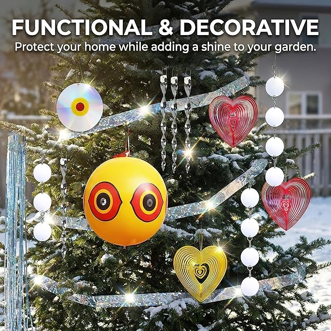 Bird Repellent Devices Kit14 PieceReflective Scare Rods Bird Scare Tape Discs Heart Wind Spinners Keep Woodpeckers Pigeons &amp Geese Away Effective Hanging Decor for Patio House Siding