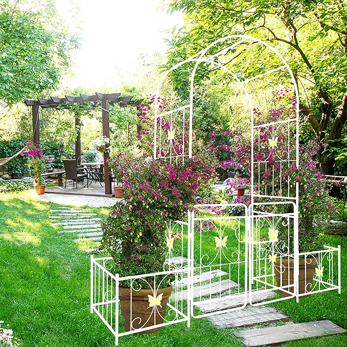 86''H Metal Garden Arch Rustproof Garden Arbor Trellis with Two Plants Stand and Gate 0.63'' Dia Galvanized Tube Plant Trellis for Climbing Plants Rose Jasmine (Cream White)