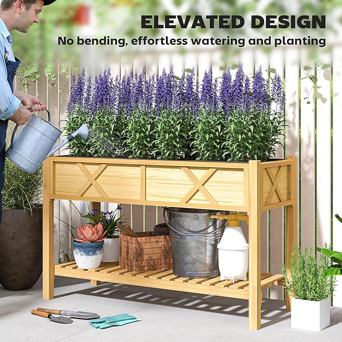 Outsunny Raised Garden Bed Elevated Wood Planter Box with Storage Shelf Drainage Holes and Liner for Backyard Patio Balcony 47 x 22 x 31.5 in Natural