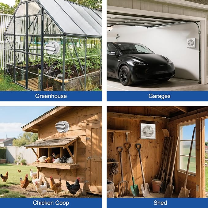 Solar Powered Fan with Battery and Adjustable Thermostat 6“ Solar Fan for Chicken Coop with 12W Bifacial Solar Panel Outdoor Greenhouse Exhaust Fan with Anti-backflow Valve