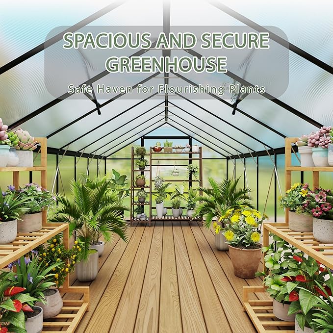 8 x 12 FT Outdoor Greenhouse Heavy-Duty Polycarbonate Greenhouse with Aluminum Frame Lockable Door Adjustable Roof Vent Walk-in Green House for Backyard Garden Patio