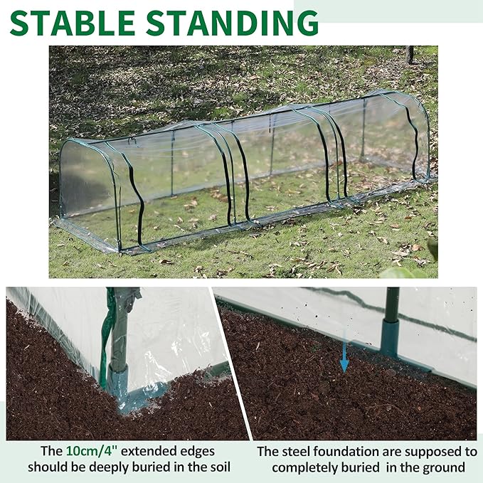 Outsunny 11' x 3' x 2.5' Mini Greenhouse Portable Tunnel Green House with Roll-Up Zippered Doors UV Waterproof Cover Steel Frame Clear