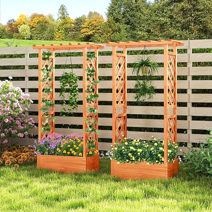 Nightcore Raised Garden Bed with Trellis Wooden Flower Rack with Double-Sided Grid Hanging Roof &amp Drainage Holes Outdoor Garden Planter for Flowers Vegetables Climbing Vines (2)