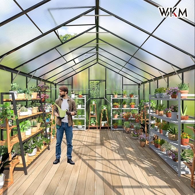 WKM 10x16 FT Greenhouse for Outdoors Walk-in Polycarbonate Greenhouse with Roof Vent and Quick Setup Structure Heavy Duty Green House for Outside Garden Backyard Black