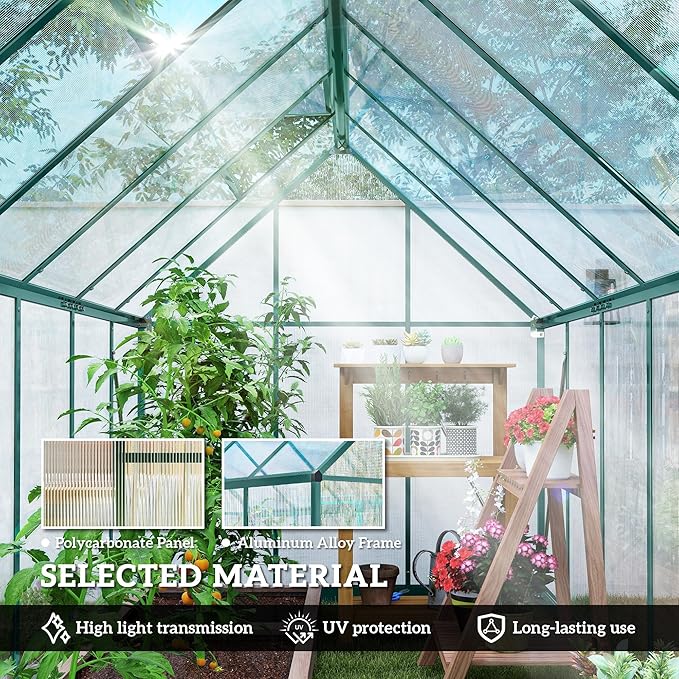Outsunny 11x6 ft Polycarbonate Greenhouse with Swing Door and Two Adjustable Roof Vents Aluminum Walk-in Greenhouse Outdoor Greenhouse for Patio Garden Backyard Dark Green