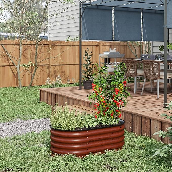 3.5' x 2' x 1.4' Galvanized Raised Garden Bed Kit Outdoor Metal Elevated Planter Box with Safety Edging Easy DIY Stock Tank for Growing Flowers Herbs Vegetables Brown