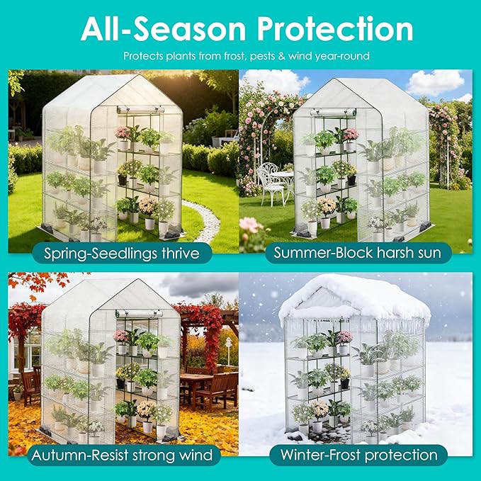 Twira Greenhouse for Outdoors 48 x 73.2 x 74.8 Walk in Plant Greenhouses Heavy Duty with Thicken PE Cover 3 Tiers 8 Shelves Greenhouse Plastic Portable Green House for Outside Patio Gardening