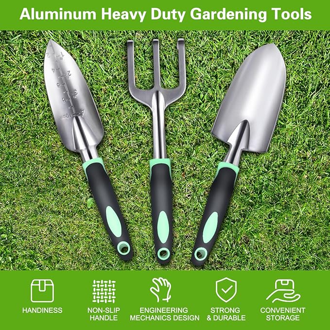 Garden Tool Set 3 Pack Heavy Duty Gardening Kit and Forged Adze Pick