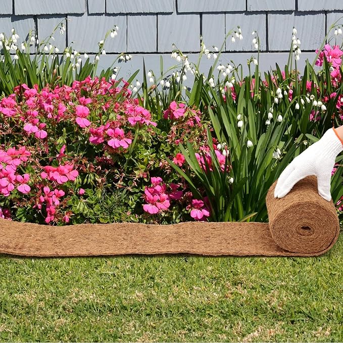 Timgle 2 Pcs 120 x 6.3 Natural Coconut Fiber Liner Mulch Roll Coir Liner Garden Weed Barrier Mat with 30 U-Shaped Steel Stakes for Landscaping Garden Edging Border Planters Vegetables &amp Flow
