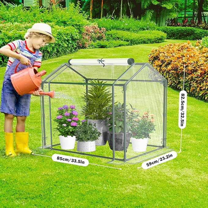 Esbaybulbs Mini Greenhouse with PVC Cover and Roll-Up Zipper Door 33.5'L x 23.2'W x 32.5'H Transparent Steel Frame Roll-Up Door Garden Greenhouse