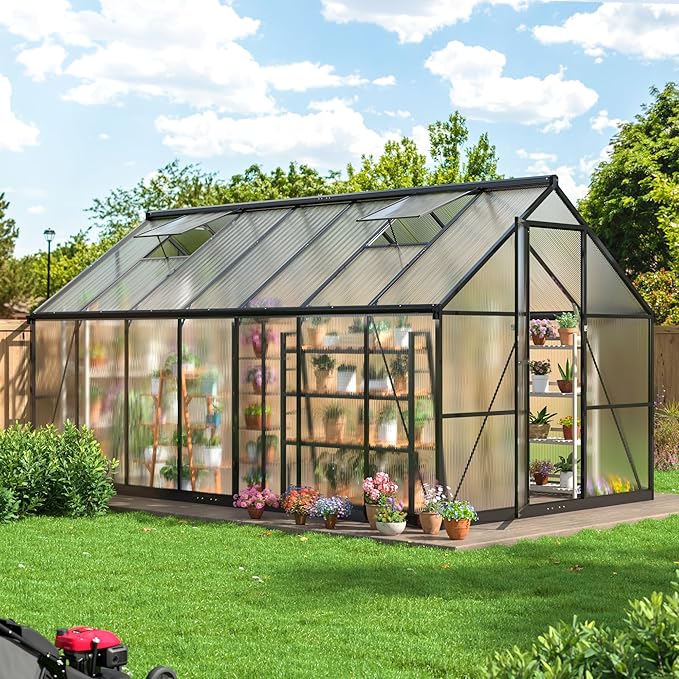 8x14 FT Green House for Outdoors Quick Setup Polycarbonate Greenhouse with Roof Vent Aluminum Large Walk-in Greenhouse for Outside Garden Backyard Black