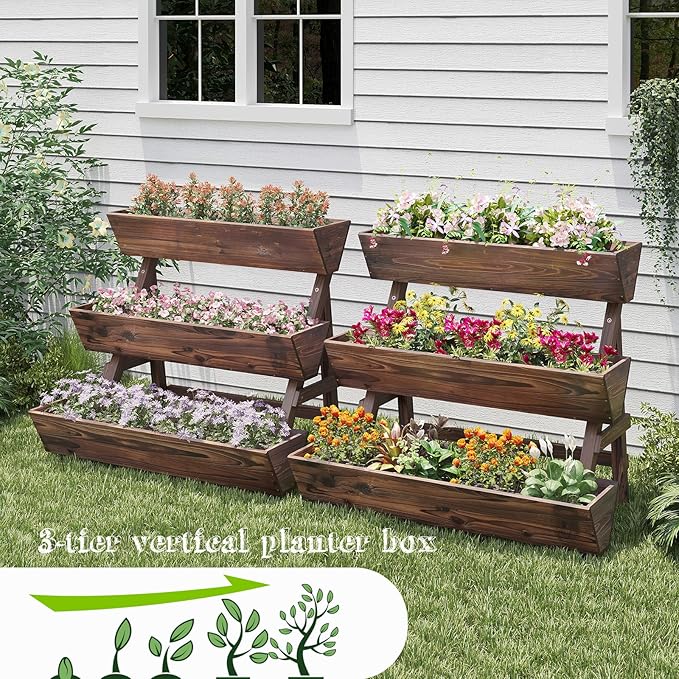 3-Tiers Wooden Raised Garden BedPlanter Box Gardening Outdoor Planter Box Patio Kit Tiered Planter Box Vertical Garden Planter Wood Plant Stand for Patio Balcony Freestanding (Carbonized L)