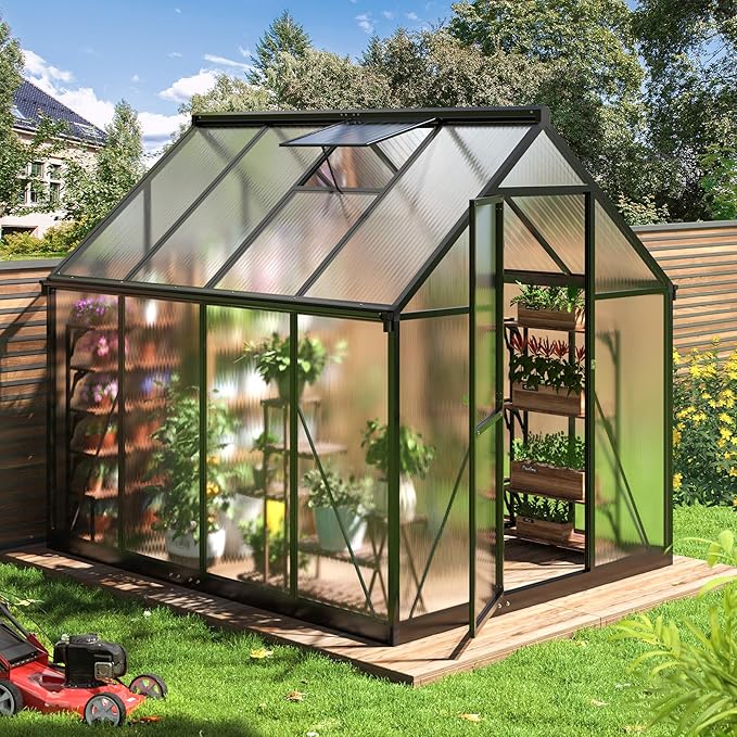WKM 5.8x7.3 FT Greenhouse for Outdoors Quick-fit Structure Polycarbonate Greenhouse with Window for Ventilation Walk-in Aluminum Green House for Outside Garden Backyard Black