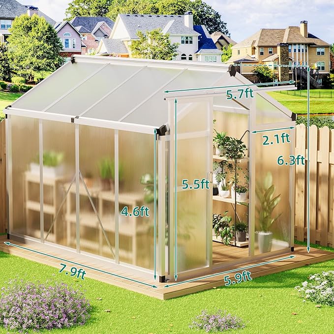 GAOMON 6 x 8 ft Greenhouse for Outdoor with Sliding Door Green House with Polycarbonate Panel &amp Ajustable Roof Vent &amp Ground Nails Walk-in Aluminum Greenhouses for Garden Patio